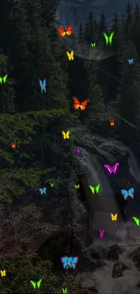 Vibrant butterflies in a lush forest with a waterfall backdrop.