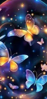 Colorful glowing butterflies in a galaxy theme wallpaper.