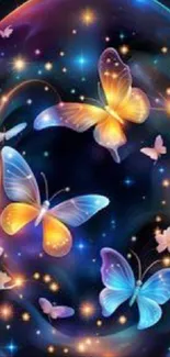 Vibrant butterflies in a cosmic galaxy with colorful light effects.