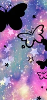 Colorful galaxy-themed wallpaper with butterflies and stars.