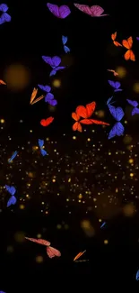 Vibrant butterflies on a galaxy background with golden sparkles.