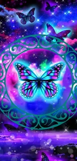 Butterfly galaxy wallpaper with vibrant colors and cosmic design.