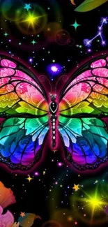 Colorful butterfly in space-themed art with vibrant celestial elements.