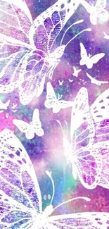 Colorful wallpaper with white butterflies on a purple galaxy background.