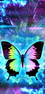 Vivid butterfly with rainbow colors in a cosmic galaxy background.