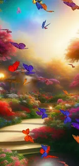 Vibrant garden with colorful butterflies under a sunlit sky.