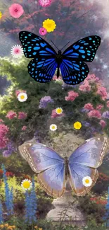 Vibrant garden wallpaper with colorful butterflies and flowers.