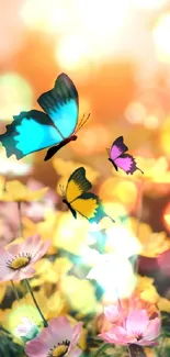 Vibrant butterflies above yellow flowers at sunset in a colorful garden.