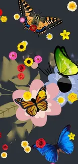 Colorful butterflies and flowers on a dark background wallpaper.