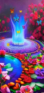 Fantasy garden with butterflies and a glowing fountain, colorful mobile wallpaper.