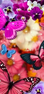 Colorful wallpaper with butterflies and flowers in vibrant hues.