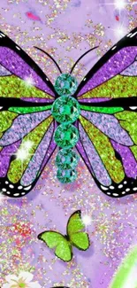 Vibrant butterfly with glitter effect on purple background.