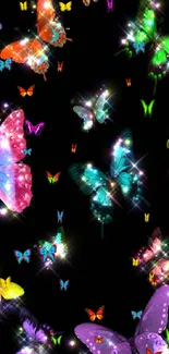 Vibrant glowing butterflies on a dark background wallpaper.