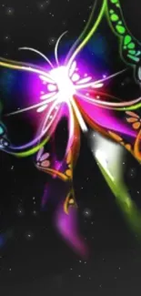 Glowing butterfly with neon colors on a cosmic black background.