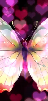 Vibrant butterfly wallpaper with glowing hearts.