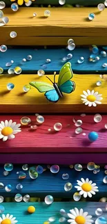 Colorful butterflies and daisies on rainbow wooden planks.
