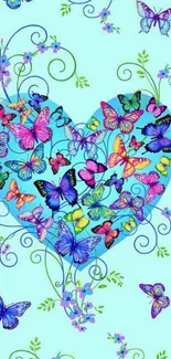 Colorful butterflies forming a heart on a light blue background.