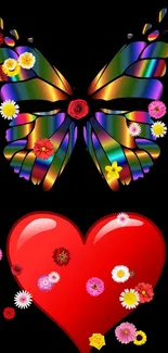 Colorful butterfly and heart with flowers on black.