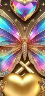Colorful butterfly with heart motifs and sparkles.