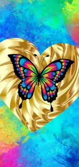 Colorful butterfly on golden heart with vibrant rainbow background.