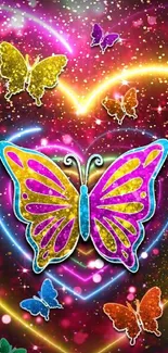 Colorful butterfly and heart neon wallpaper for phones.