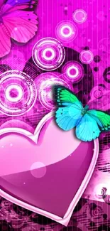 Vibrant wallpaper with butterflies and a pink heart.