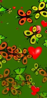 Colorful butterflies and red hearts on green wallpaper.