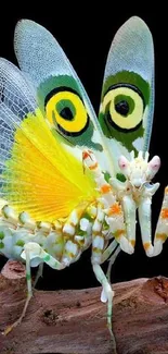 Colorful mantis resembling a butterfly on a branch against a black background.