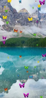 A mountain lake with vibrant butterflies and turquoise water.