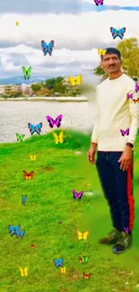 Mobile wallpaper with colorful butterflies on a lush green landscape.