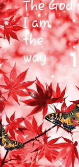 Vibrant wallpaper with red leaves and colorful butterflies.