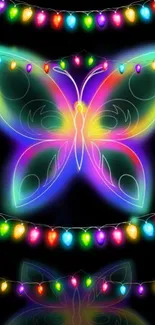 Bright butterfly design with colorful LED lights on black background.