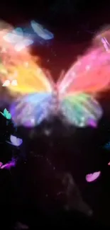 Vibrant butterfly light art with colorful wings on a dark background.