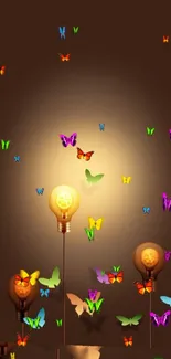 Mobile wallpaper of colorful butterflies around glowing light bulbs.