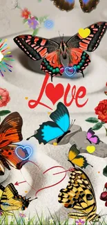 Colorful butterflies and flowers with 'Love' text on mobile wallpaper.