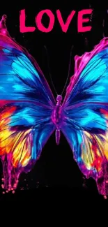 A neon-colored butterfly with love text on black wallpaper.