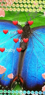 Blue butterfly with hearts and flowers on green leaf background.