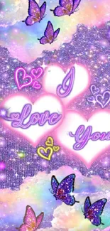 Colorful wallpaper with butterflies, hearts, and 'I Love You' text.