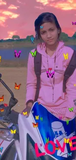 Girl on bike with butterflies in vibrant nature setting.