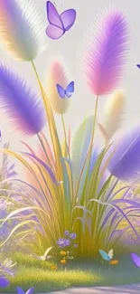 Colorful meadow with butterflies and pastel feathers.