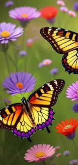 Butterfly meadow wallpaper with colorful flowers and vibrant butterflies.