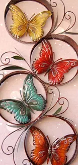 Mobile wallpaper with colorful metal butterflies on a pink background.