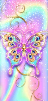 Colorful butterfly with gold accents on rainbow background.