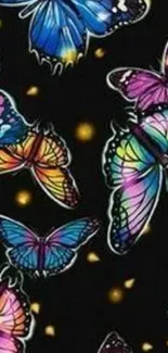 Vibrant mobile wallpaper with colorful butterflies and dark background.