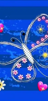 Whimsical butterfly on blue background with hearts and flowers.