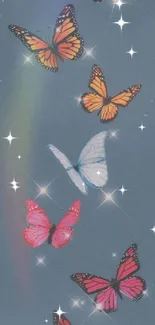 Vibrant butterflies on a slate blue background with sparkles.