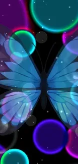 Butterfly with neon bubbles on dark background.