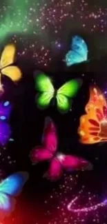 Vibrant butterflies with a cosmic background on mobile wallpaper.