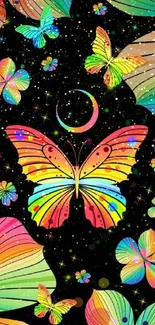 Colorful butterflies and flowers on black background wallpaper.