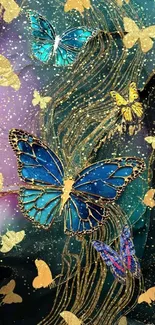 Colorful butterflies with gold accents on a blue and purple background.